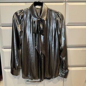 Metallic Silver Top with Bow Accent